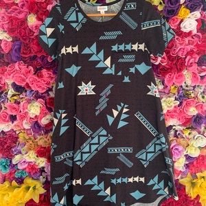 Lularoe tee shirt dress size xs: brown black teal and pink Aztek patterns